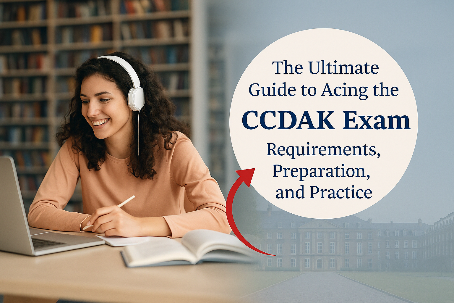 A smiling female student wearing headphones studies on a laptop in a modern library, alongside a circular text badge highlighting The Ultimate Guide to Acing the CCDAK Exam Requirements, Preparation, and Practice.